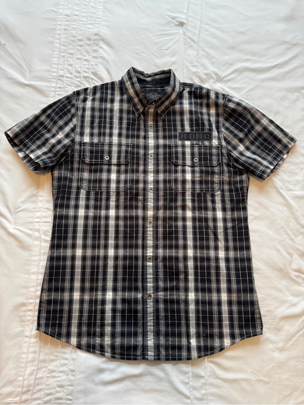 Harley-Davidson Black and White Plaid Short Sleeve Button-Up